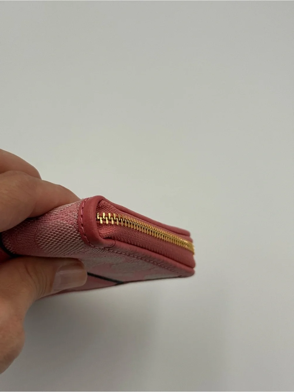 Coach Pink Signature Compact Zip Wallet with Gold Accent